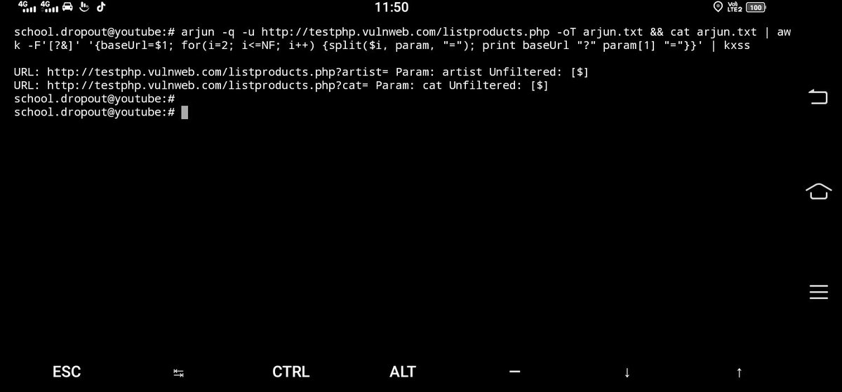 Finding Hidden Parameter &amp; Potential XSS with Arjun + KXSS

arjun -q -u target -oT arjun &amp;&amp; cat arjun | awk -F'[?&amp;]' '{baseUrl=$1; for(i=2; i<=NF; i++) {split($i, param, "="); print baseUrl "?" param[1] "="}}' | kxss

#bugbountytips #bugbounty