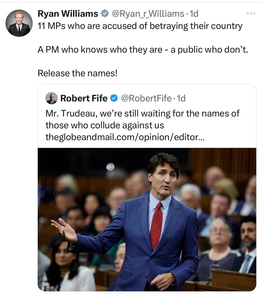If Conservatives are so keen to bypass the presumption of innocence, break the Security of Information law, and have their colleagues tried in the court of public opinion, then have Poilievre get his top security clearance, review the documents &amp; reveal the names?

#cdnpoli