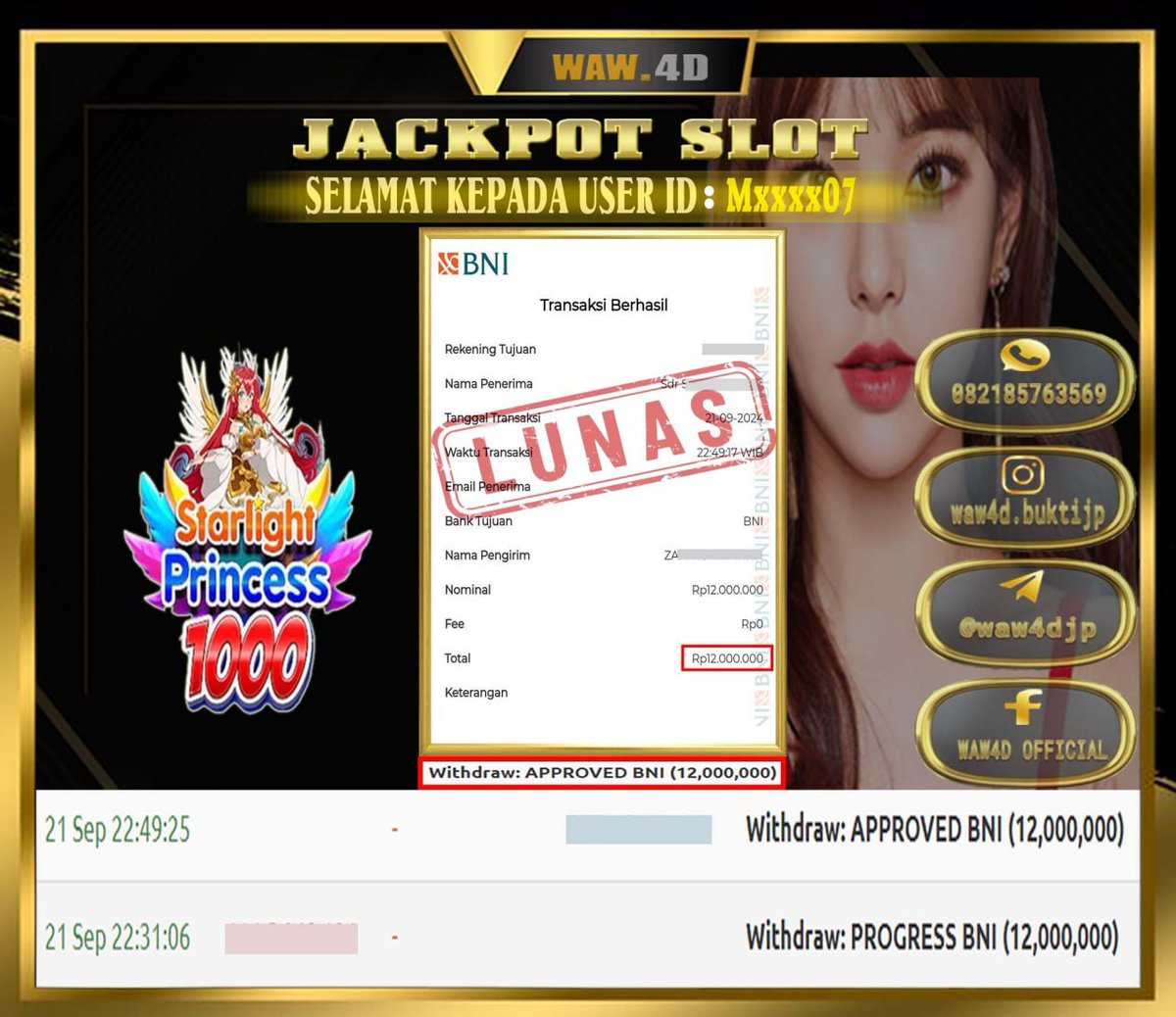 WAW4D_OFFICIAL's tweet photo. BUKTI PEMBAYARAN  21 SEPTEMBER  2024 🔱
WIN GAMES : Starlight Princess 1000
SEBESAR Rp 12.000.000
#waw4d #buktijp #buktilunas #pastibayar #pastilunas #pragmatic #slotgacor #casinoonline #gatesofolympus #situsgacor #situsslot #maxwin #maxwinslot #slotgacorhariini #slotpg https://t.co/08Cn7sQg5x