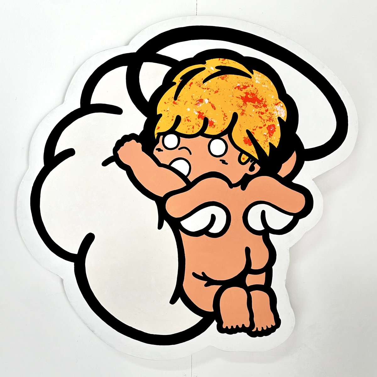 えんじぇるちゃん
【Title】　　Holding on to a cloud
【Media】　Acrylic on wood panel
【Size】　　H430xW430mm
【Year】　   2024

#art #contemporaryart #アート #現代アート #アート好きな人と繋がりたい #絵かきさんと繋がりたい