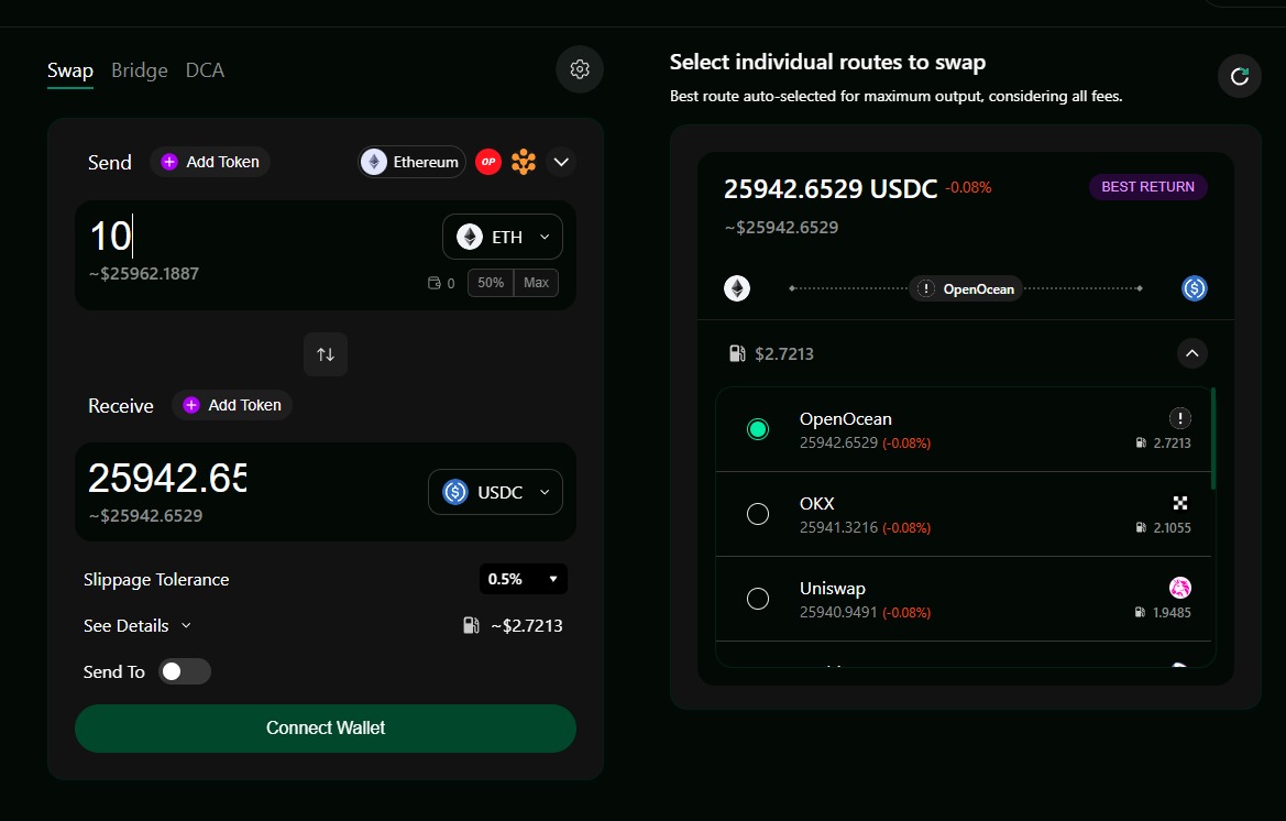 yasir_crypt0's tweet photo. 🚀 Been testing swaps on @dzap_io the meta aggregator lately and no wonder @OpenOceanGlobal consistently offers better rates compared to other platforms! 🔥

 #DeFi #OpenOcean #BestRates https://t.co/BhVUIbZbu0