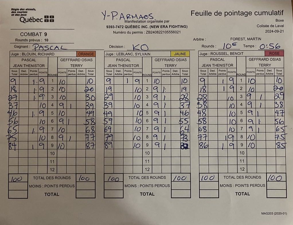 jeffreyboxe's tweet photo. Voici la carte des juges pour le duel entre Jean Pascal/Terry Osias. 87-84 Osias, 89-82 Pascal et 86-85 Pascal. 2 juges avaient Jean en avance. J’ai 87-84 Osias au moment de l’arrêt du combat @FiteTV #Pascal #PascalOsias #Boxing #boxing #boxe #boxeo https://t.co/6u7waX18ze