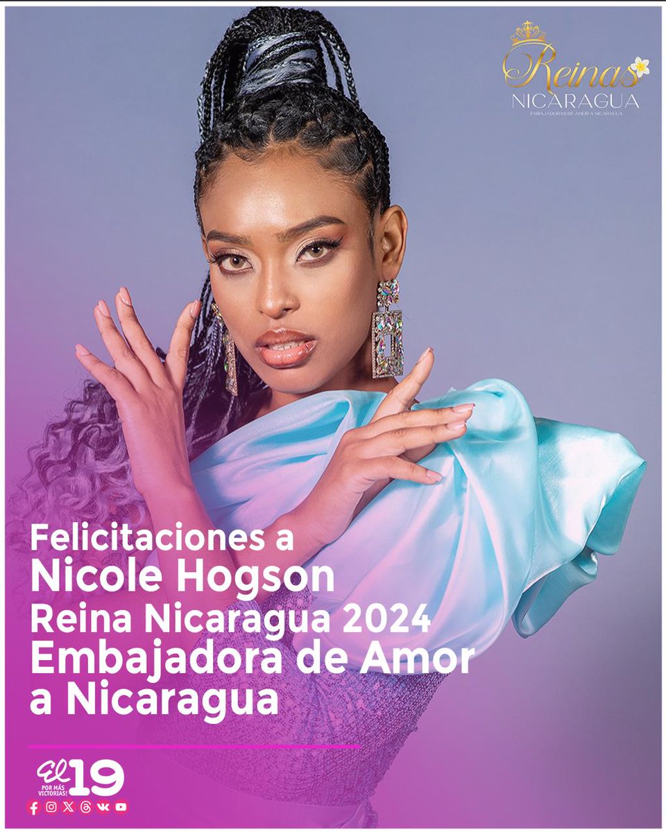 ✨Nicaragua ya tiene a su Reina Nicaragua - Embajadora de Amor a Nicaragua y es la representante de Zelaya Central, Nicole Hogson.

➡️Además, las representantes de Carazo y Caribe Sur son las princesas de la belleza de Nicaragua.