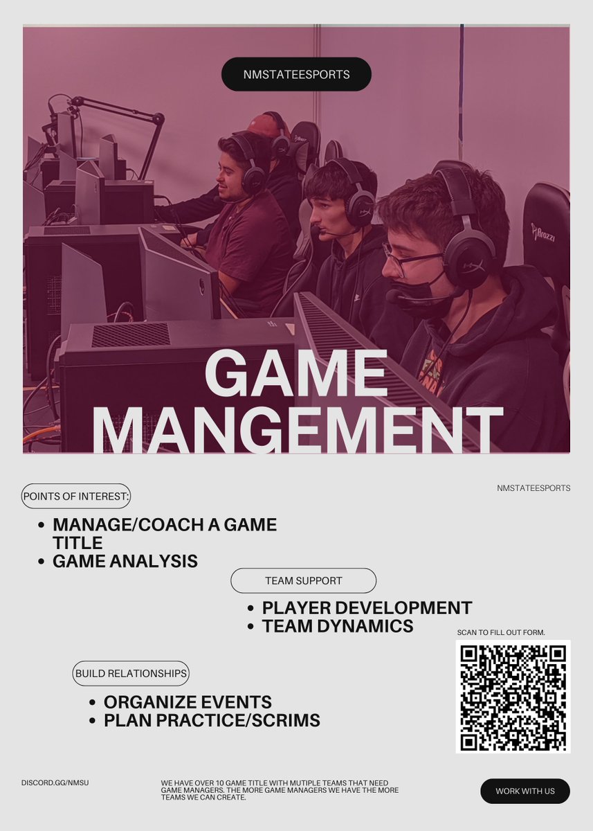 Ready to be part of the action? #NMSUEsports is recruiting game management team members! Help manage teams, organize events, or even coach players!

Fill out the form below if you are interested:
forms.office.com/r/06W6rzgLqS