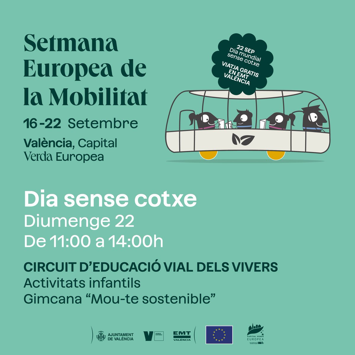 AjuntamentVLC's tweet image. 🚌Bon dia! hui celebrem el #Diasensecotxe, com a colofó de la #SetmanaEuropeaMobilitatSostenible. Fins la matinada, l'@emtvalencia oferix servei gratuït.

📍A més, al Jardins de #Vivers, circuit d'educació viària🚗, activitats infantils🎨 i gimcana 'Mou-te sostenible'🎲

#SEM2024