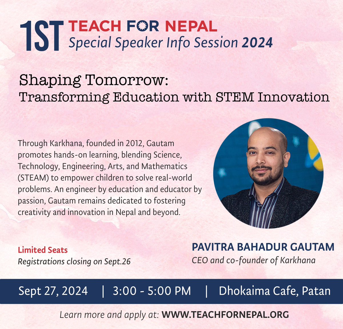 Don’t miss out! Join us for an inspiring session with <a href="/itsmepavitra/">Pavitra Gautam</a>, Co-founder of Karkhana, on transforming education with STEAM innovation.

📅 Sept 27, 2024
🕒 3:00 PM - 5:00 PM
📍 Dhokaima Cafe, Patan Dhoka

Register Now: shorturl.at/HOpN9

#SSIS1 #TeachForNepal