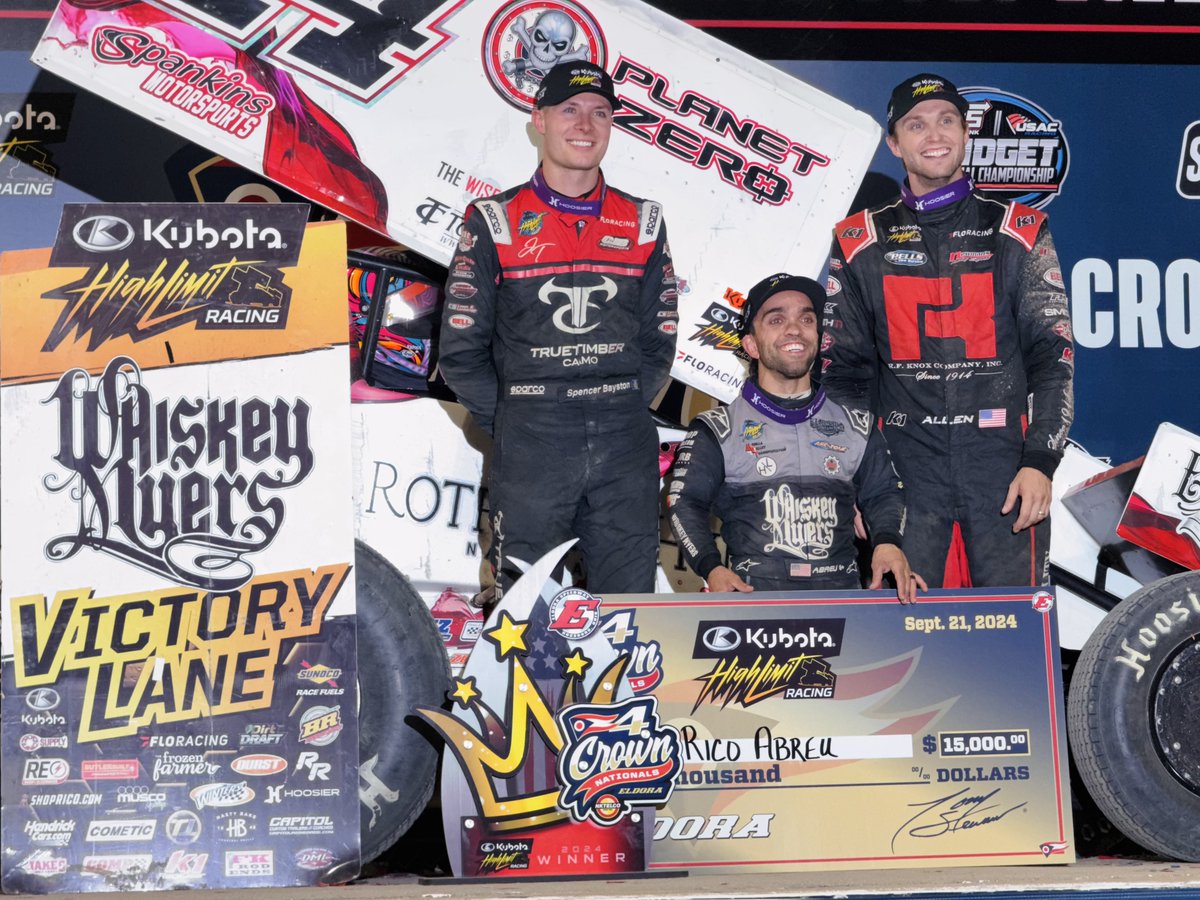 The #𝟰𝗖𝗿𝗼𝘄𝗻 Podium at <a href="/EldoraSpeedway/">ELDORA SPEEDWAY</a>:

🥇 <a href="/Rico_Abreu/">RICO</a> (<a href="/RicosTrailer/">ShopRico</a>)
🥈 <a href="/JacobAllen1a/">Jacob Allen</a> (<a href="/SharkRacing1a1s/">Shark Racing</a>)
🥉 @SpencerBayston (<a href="/CJB_51/">CJB Motorsports</a>)