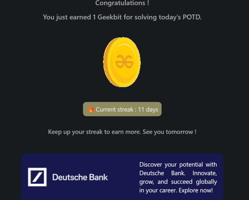 Pprratikk's tweet image. Day 11 of 21 days coding challenge
@geeksforgeeks
@DeutscheBank
#21DaysOfCoding #CodingChallenge #LearnToCode #GeekForGeeks #ING #DeutscheBank #geekstreak2024