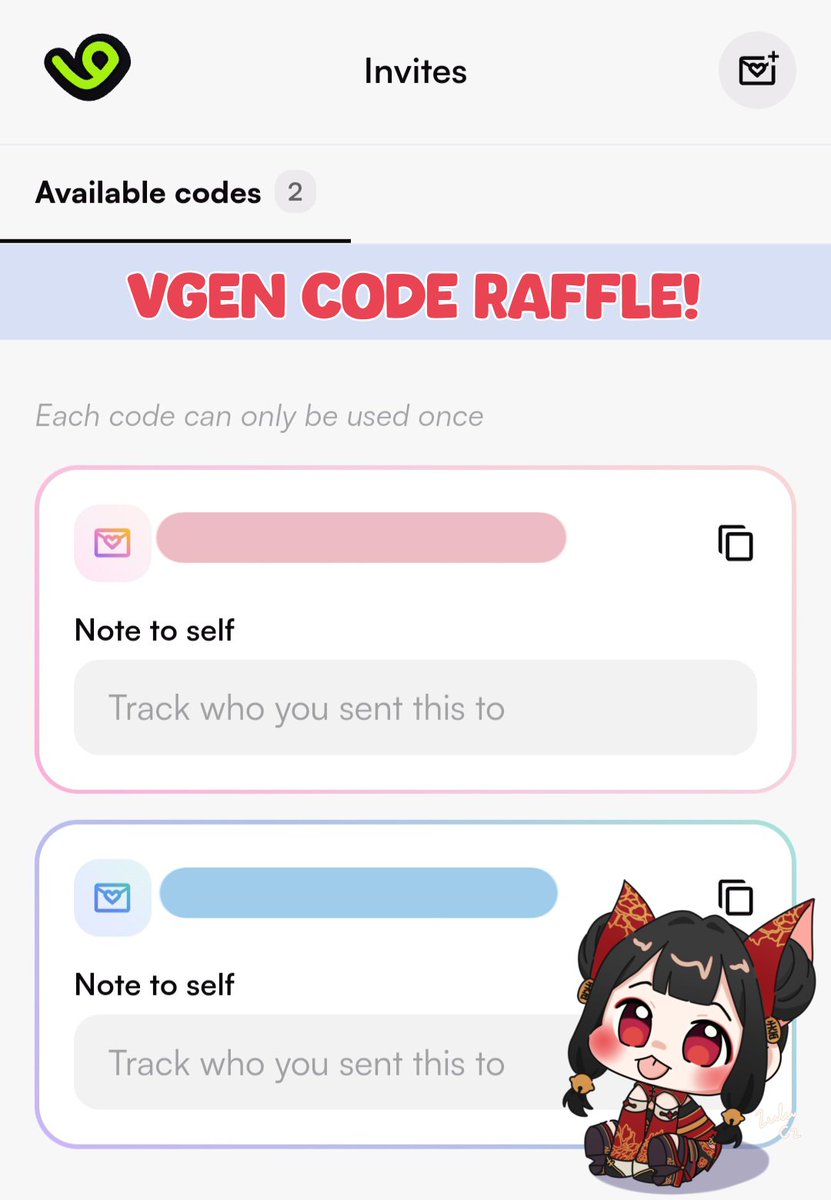 Hello everyone!
I will be giving away 2 codes for 2 lucky winners

Rules:
♡Follow
♡Like + Retweet
♡Comment down below your Artworks + a Link of your socials

Raffle ends in October 16
#VGenCode #arttwt #artmoots #VGen