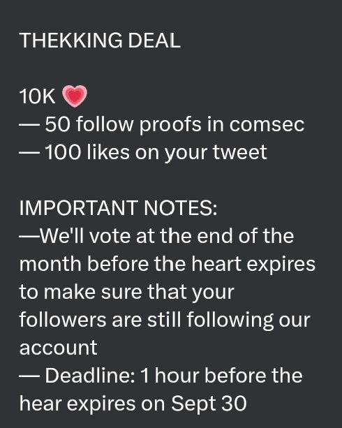 sunghoonspics's tweet photo. THEKKING DEAL for #SUNGHOON 

10K 💗

— MUST follow @giveaway_votes 
— 50 follow proofs in comsec
— 100 likes on my tweet 
— Hearts will be dropped at the end of the month

⏰1 hour before Sept. 30 Ends

📝: make sure to still be following the account at the end of the month https://t.co/zqbgz9u8hn