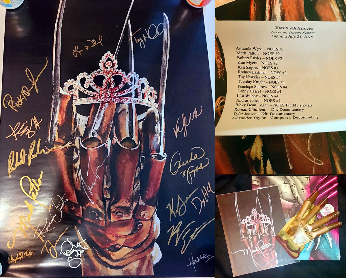 staytoonedfolks's tweet image. Happy birthday to final boy, scream queen, and star of #FreddysRevenge, @ActorPatton! 🎂❤️
Signed “Scream, Queen: My Nightmare on Elm Street” poster from @DarkDel, limited pink vinyl OST &amp;amp; “Bus Driver” glove, from our collection.
#MarkPatton #ANightmareOnElmStreet #ScreamQueenDoc