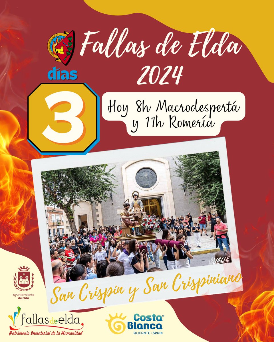 💥 ¡3 días para las Fallas! 💥

8h macrodespertá 11h, Romería San Crispín y San Crispiniano,

#JuntaCentralFallasElda #FallasElda #EldaenFallas #elda #madeinelda #JuntsMolemMés #FallesUNESCO #SomPatrimoni #fallas #fiestadelfuego #alicante #valencia #comunidadvalenciana #fallascv