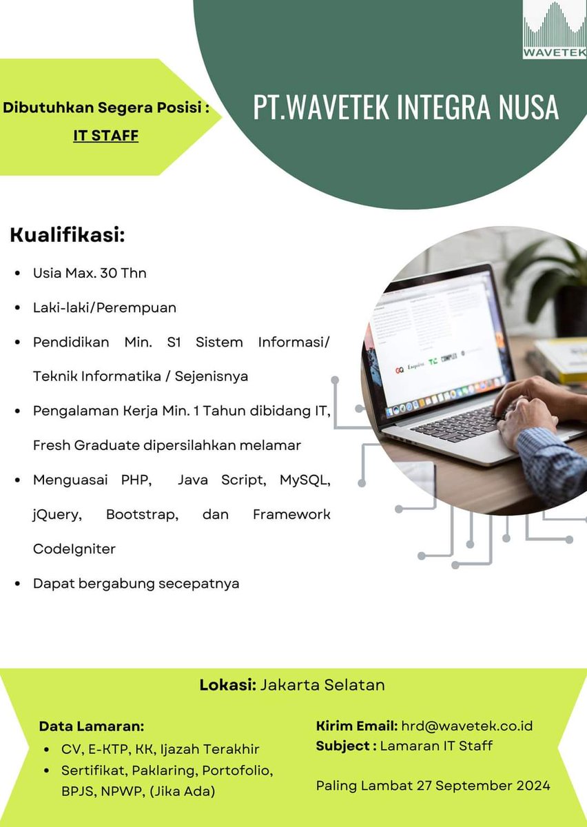 LokerKarir_IT's tweet photo. Lowongan Kerja IT Staff

#lokerkarir_it #lokerit #lokerprogrammer #lowongankerja #loker #lokercot

cc : @hrdbacot https://t.co/sEDqfs8cO2