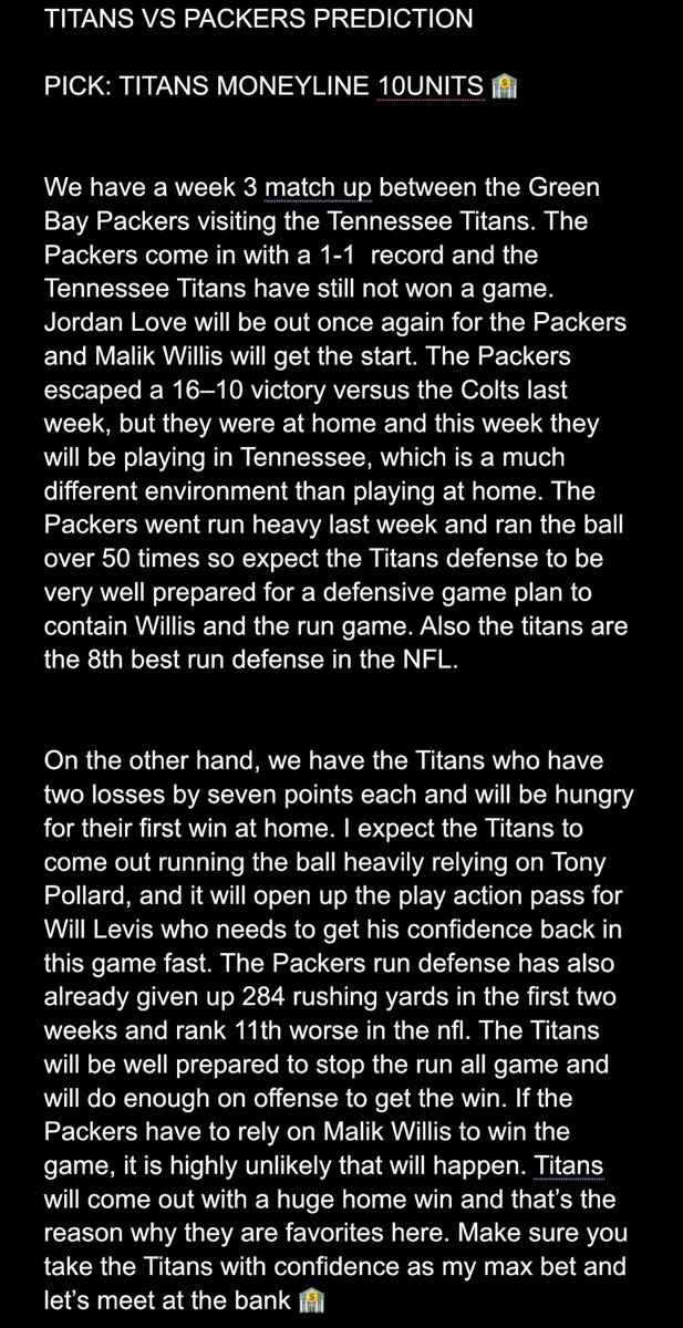 thebettingqueen's tweet photo. ⭐️🥳10 UNIT MAX PLAY⭐️🏈🥳

🏈TITANS -155 ML 

Lock in the titans. They will win@🏠 
Get ready for champagne bottles after this game🥳🥂

 I HAVE THE SCRIPT🔮📋WE WILL CASH OUR SECOND MAX BET OF NFL SEASON 

⚠️♻️RETWEET NOW AND ILL DM YOU 📱 MY FULL NFL 🏈CARD IN THE MORNING♻️⚠️ https://t.co/i37HhYVsjn