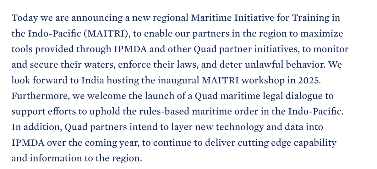 JAParker29's tweet image. 🧵 Announcement of expansion of the #IPMDA project into a 'Maritime Initiative for Training in the Indo-Pacific (MAITRI)' - starting with India hosting an 'inaugural MAITRI workshop in 2025' 6/