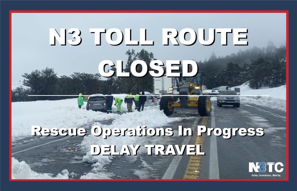 #KznSnow2024 #Rescue operations are still underway. Teams have been tirelessly at it in unusual and extreme conditions.
Enq/report  or request assistance  from <a href="/N3TC/">N3 Toll Concession</a> on 0800634357  . Stay home, stay warm.
Delay travel in #VanReenenPass and surrounds. #Kznta