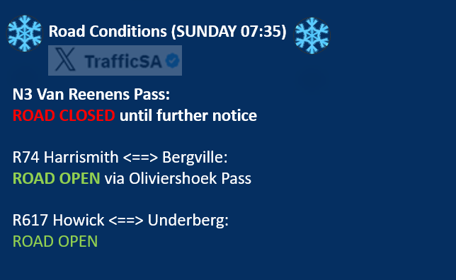 TrafficSA's tweet photo. Free State / KZN - #SNOW  Road Status Update https://t.co/WaZu9dhKs8