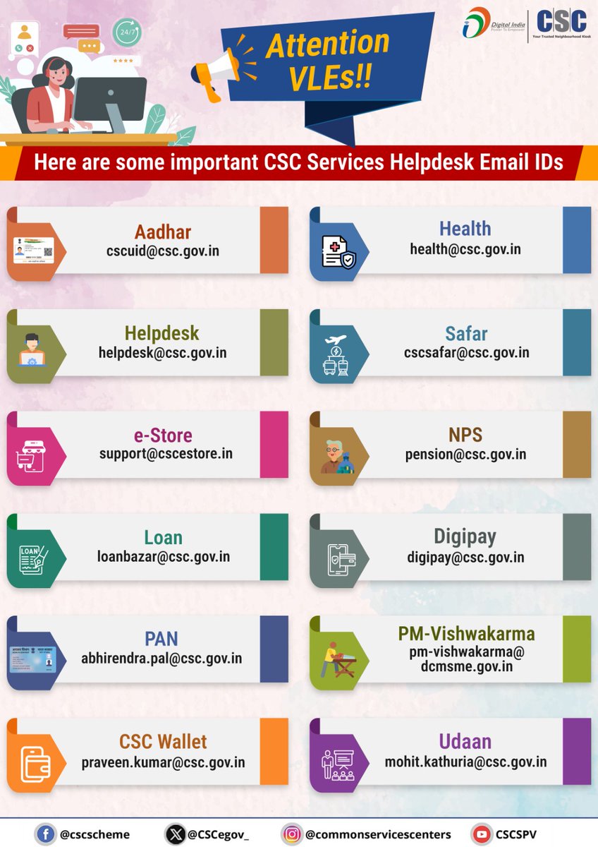 CSCegov_'s tweet photo. Attention VLEs!!
Here are some important #CSC Services Helpdesk Email IDs...
If you have any queries regarding specific services, contact us using the email address provided.
#DigitalIndia #CSCHelpdesk #CSCServiceEmails #DigitalIndia #RuralEmpowerment #Helpdesk https://t.co/phabdVRxjf