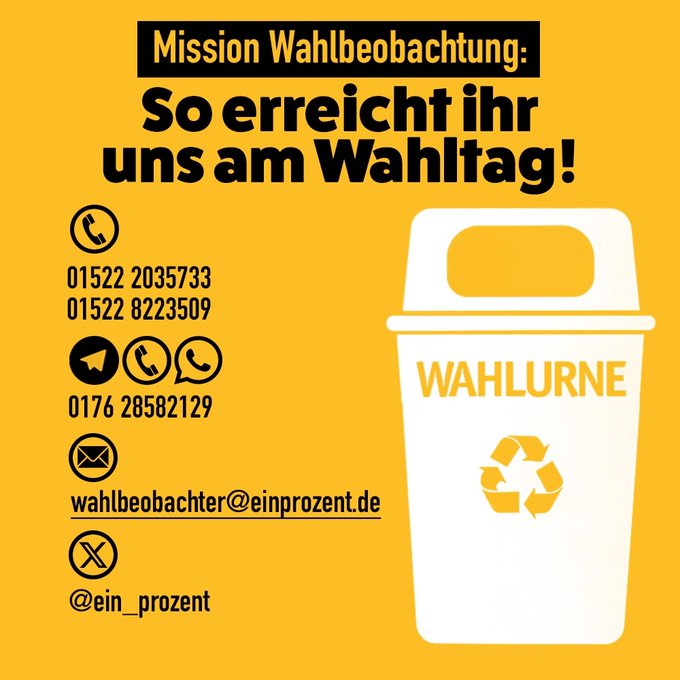 +++ Teilen! +++ Teilen! +++  

Gemeinsam retten wir Wählerstimmen! Auch heute ist unser Wahlbüro wieder im Einsatz. Wir sind über drei Telefonleitungen, auf X, Telegram, per E-Mail und bei WhatsApp für euch da. Wenn es Ärger im Wahllokal gibt oder ihr Fragen habt, helfen wir euch