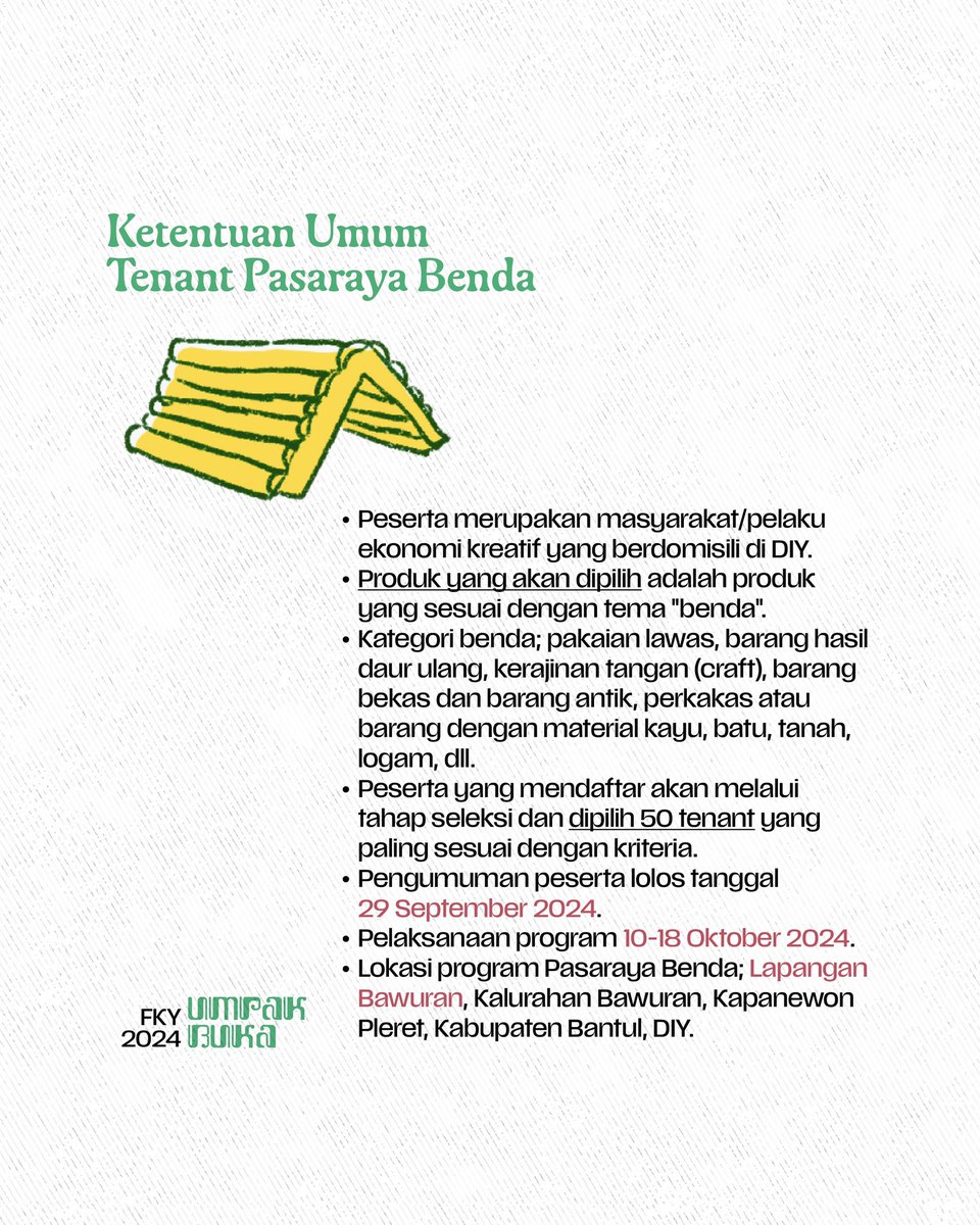 (((Otewe FKY 2024)))

Inpo bakulann FKY lurrr….
Yang kemarin nanya-nanya via DM, ini dikasi ingpoo.
Sobat UMKM se Bantul sekitarnya, monggooo daftarkan jualan panjenengan semua.

#PASARRAYABENDA #FKY2024 #BANTUL #UMPAKBUKA
