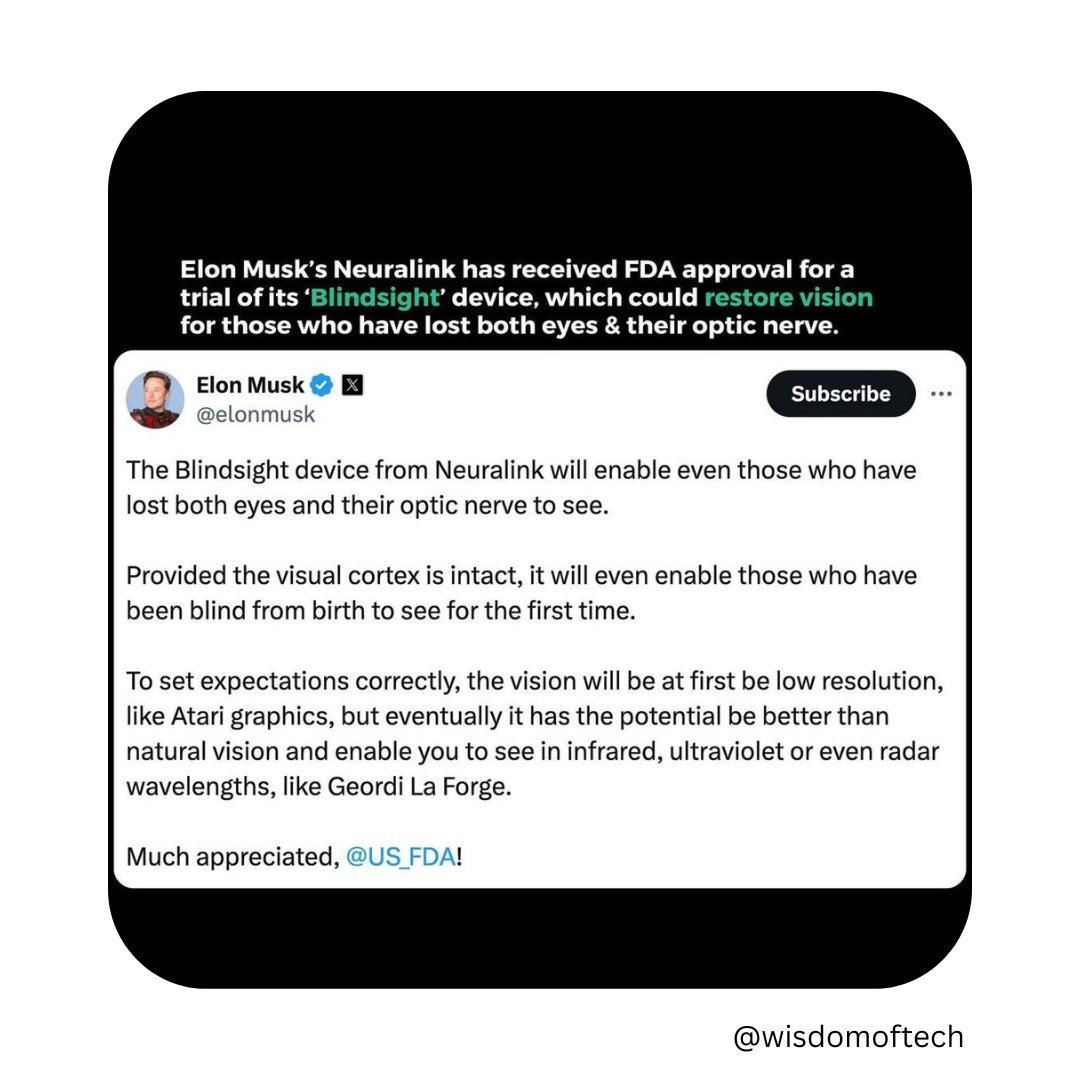 Washington101pd's tweet photo. Neuralink's Bindsight Gets FDA Approval! 🤯 Restoring Vision for the Blind! 🦾 Elon Musk's brain-machine interface (BMI) tech helps millions regain sight. #Neuralink #FDAApproval #VisionRestoration #ElonMusk #BMITech #MedicalBreakthrough 
#ai #wisdomoftech https://t.co/ahuJFiQsZc