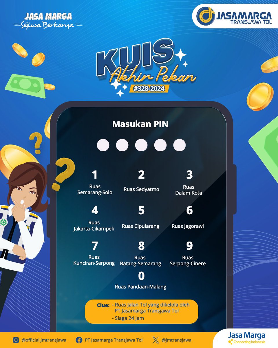 jmtransjawa's tweet photo. It’s quizz time...! Kawan JM, kuy ikutan kuis. Caranya mudah banget, Kawan JM tinggal ikuti syarat dan ketentuan kuis yang bisa kalian lihat di visual postingan ini ya.

Dari seluruh partisipan yang memenuhi persyaratan di atas, akan dipilih 2 (dua) orang pemenang yang akan diumumkan di akun resmi Instagram PT JTT pada Selasa, 24 September  2024

Dua pemenang beruntung berhak mendapatkan saldo E-Wallet masing-masing Rp100.000,-. Bagi pemenang beruntung wajib mengirimkan foto identitas diri (KTP/SIM) dalam batas waktu 2x24 jam setelah pengumuman. Jika dalam batas tersebut tidak mengirimkan akan dinyatakan gugur.

22/08/2024

#Giveaway #Kuis #JTTInfo #JalanTol #TransjawaTol #JasaMargaTransJawaTol #JasaMarga #JasamargaConnectingIndonesia