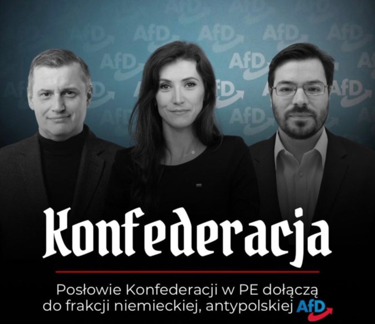 OmzRi's tweet photo. KONFEDERACJA POD RĘKĄ Z NIEMIECKIMI NAZISTAMI 

Przypominamy, że trzech polityków "Konfederacji" poszło na współpracę z AFD czyli niemiecką partią popieraną przez środowiska niemieckich nazistów.

Stanisław Tyszka, 
Marcin Sypniewski
Ewa Zajączkowska-Hernik

Większość z polityków z AfD oskarżana jest o prorosyjskość, kontakty z Łukaszenką i rusofilskie poglądy. Znajdują się tam też nurty rewizjonistyczne wobec Polski i polskich granic. Generalnie AFD nie uznaje polskich granic i chce zwrotu przez Polskę Wrocławia, Olsztyna, Katowic i Szczecina. 

Że strony AFD pojawiają się też często próby wybielania żołnierzy Wermachtu i nazistowskich zbrodniarzy z SS. 

I coś takiego popiera Konfederacja, naszym zdaniem można to ocenić jako zdradę polskiego interesu narodowego. 

______
Wspieraj nasze działania. 

Skutecznie ścigamy rasistów, homofobów, faszystów, ksenofobów i proputinowskich nacjonalistów. Bez żadnego wsparcia państwa, bez unijnych dotacji. Jedynym źródłem finansowania działań Ośrodka są dobrowolne darowizny naszych zwolenników.

Wspieraj nas:
PayPal i karta płatnicza: https://t.co/UoCbYqT979
zbiórka: https://t.co/xTFhjOmyqo

Dane do przelewu:
nr konta 19 2490 0005 0000 4520 8435 8540
Ośrodek Monitorowania Zachowań Rasistowskich i Ksenofobicznych
Plac Dąbrowskiego 5
00-057 Warszawa
tytuł : "darowizna na działalność statutową"
IBAN : PL19249000050000452084358540
SWIFT: ALBPPLPW

Uruchomiliśmy nasz profil na portalu Patronite, będziemy zobowiązani jeśli zdecydujecie się Państwo zostać naszymi patronami:
https://t.co/mDBDrRpCHD

@KONFEDERACJA_ 
@Europarl_PL
