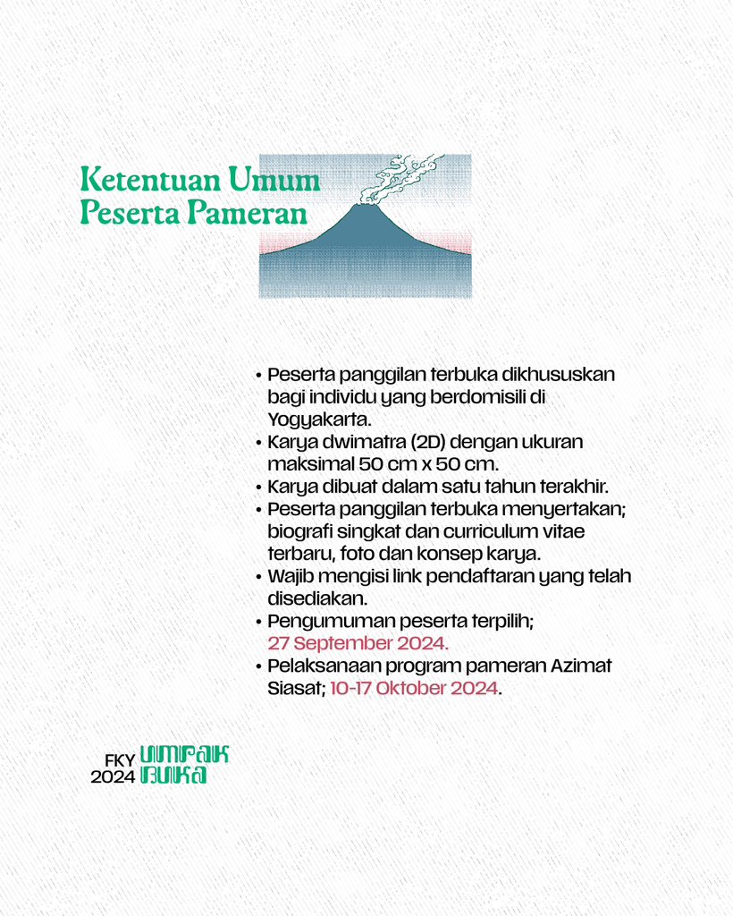 (((Otewe FKY 2024)))

Inpo pameran FKY lurrr….
Bagi para seniman se Bantul raya dan sekitarnya, gasss daftarkan karya terbaik panjenengan semua.

#PAMERANFKY #AZIMATSIASAT #FKY2024 #BANTUL #UMPAKBUKA