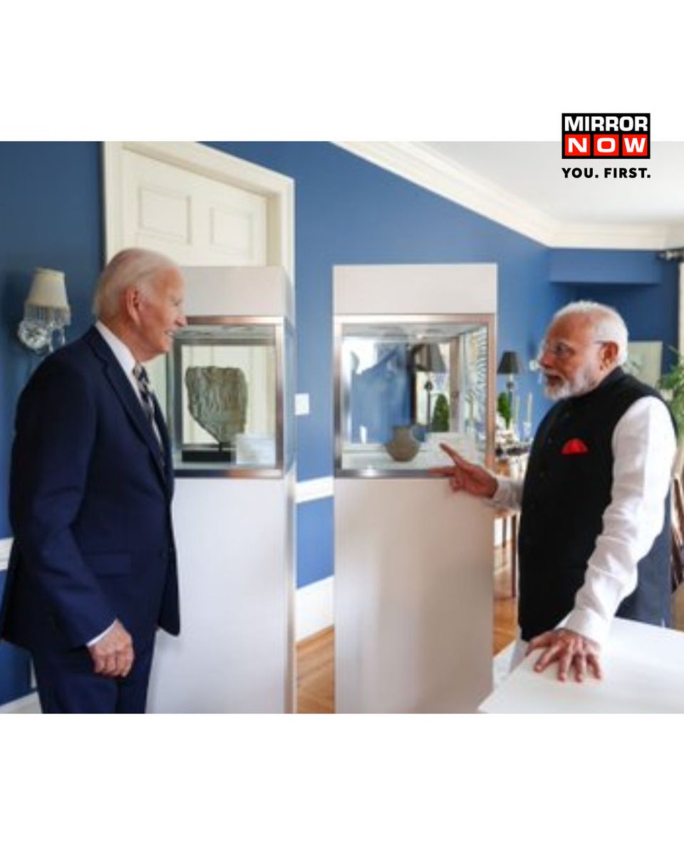 MirrorNow's tweet photo. #PMModi took to X and said, 'I am extremely grateful to President Biden and the US Government for ensuring the return of 297 invaluable antiquities to India'
#JoeBiden #PMNaredraModi #PMModiInUS https://t.co/pr9M7JioCX