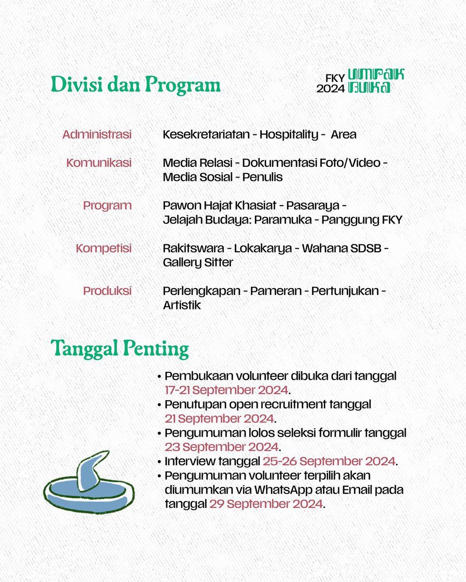 (((Otewe FKY 2024)))

Sobat volunteer mana suaranya..
Serius nggak mau menjadi bagian dari FKY tahun ini!
Yuk bergabung di FKY 2024. 
Wess, monggo segera daftar ya Lur…!!!

#VOLUNTEERFKY #FKY2024 #UMPAKBUKA
