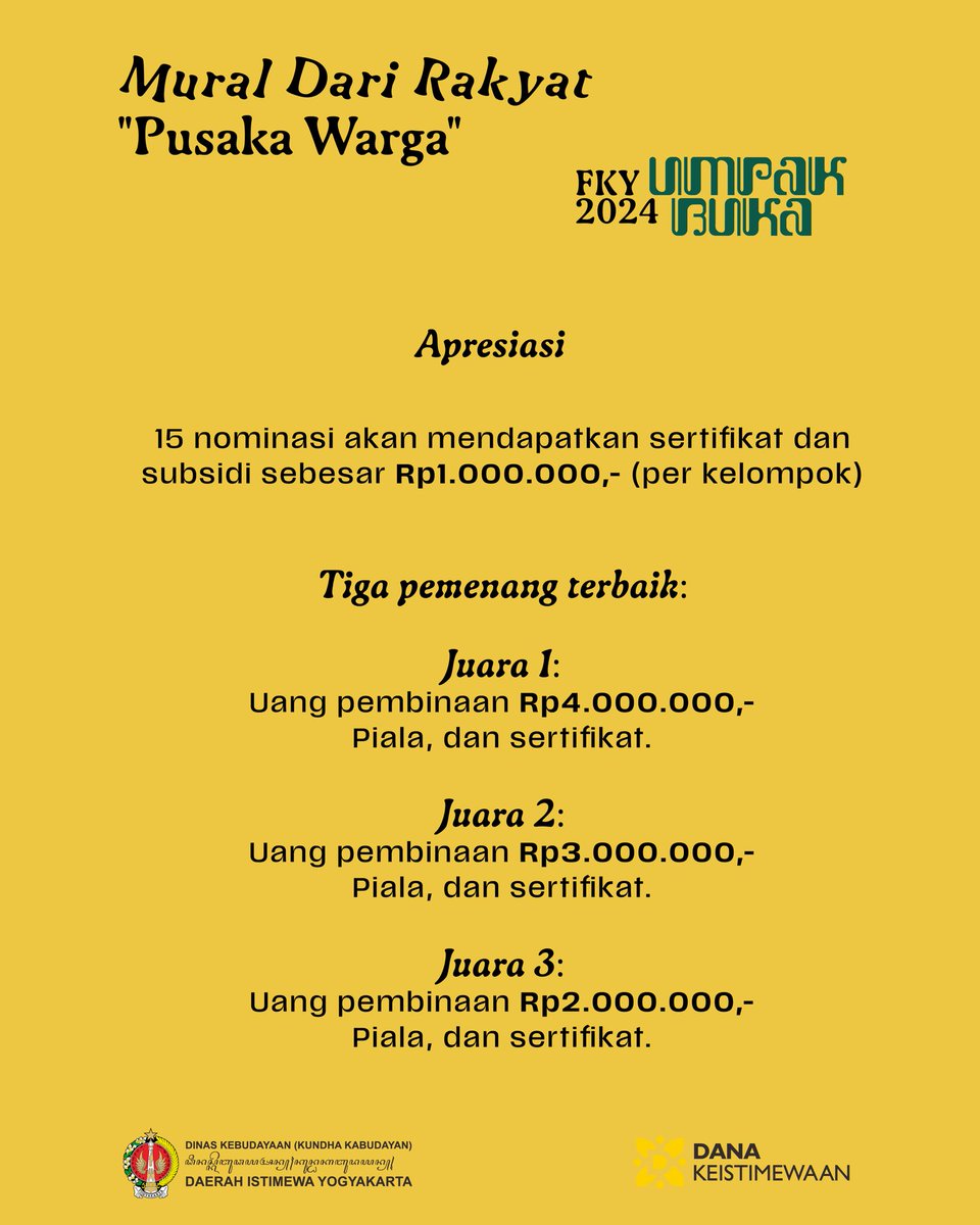 (((otewe FKY 2024))

Yang suka gambar, yang suka gambar!

Kompetisi Mural Dari Rakyat datang lagi. 
Ajak temanmu, dan warnai tembokmu.

Gass ojo kesuwen..

#MURALDARIRAKYAT #FKY2024 #UMPAKBUKA