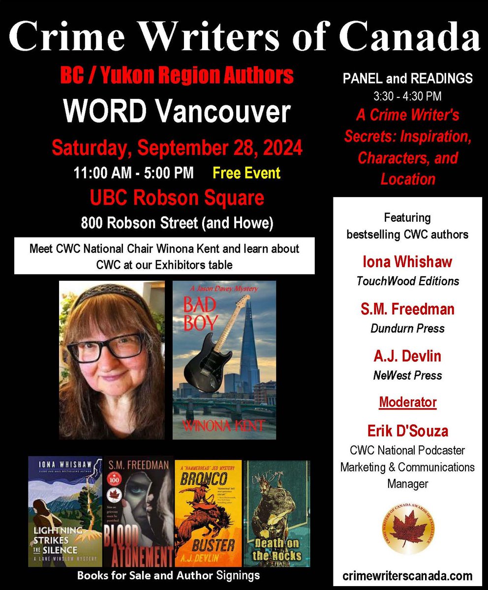 C'mon down to Robson Square and meet these lovely authors...get a signed copy of their books...and drop by the CWC table to say hello... We'll be there 11am to 5pm in the Exhibitors Area at rink level Sat Sep 28 11am to 5pm.
wordvancouver.ca/main-day-event…