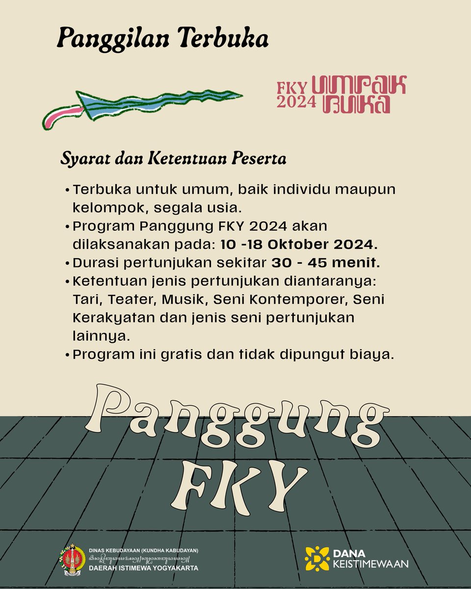 Selain ada pasar, FKY juga ada panggung terbuka.

Nah jelas, bagi warga Bantul dan sekitarnya, wayahe tampil lurr..

Kami tunggu ya aksi dulur-dulur semuanya.
#PANGGUNGFKY  #FKY2024 #UMPAKBUKA