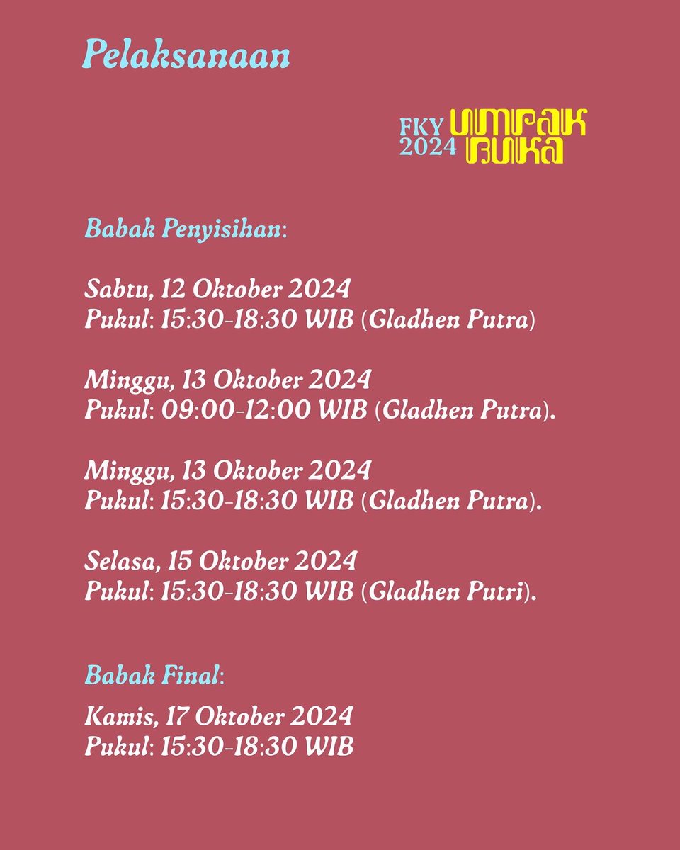 (((Otewe FKY2024)))

Info Jemparigan lurr. 

Yang berbakat manah-memanah, wayahe tampil.Tapi bukan memanah perasaannya deknen lo ya.

Gass wes ojo kesuwen.

#FKY2024 #JEMPARINGAN #UMPAKBUKA