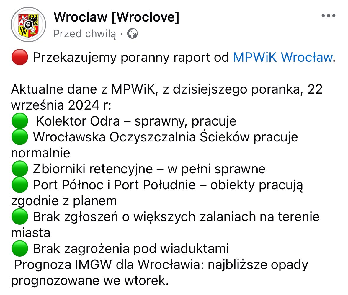🔴 Przekazujemy poranny raport od <a href="/MPWiKWroclaw/">MPWiK Wrocław</a>.