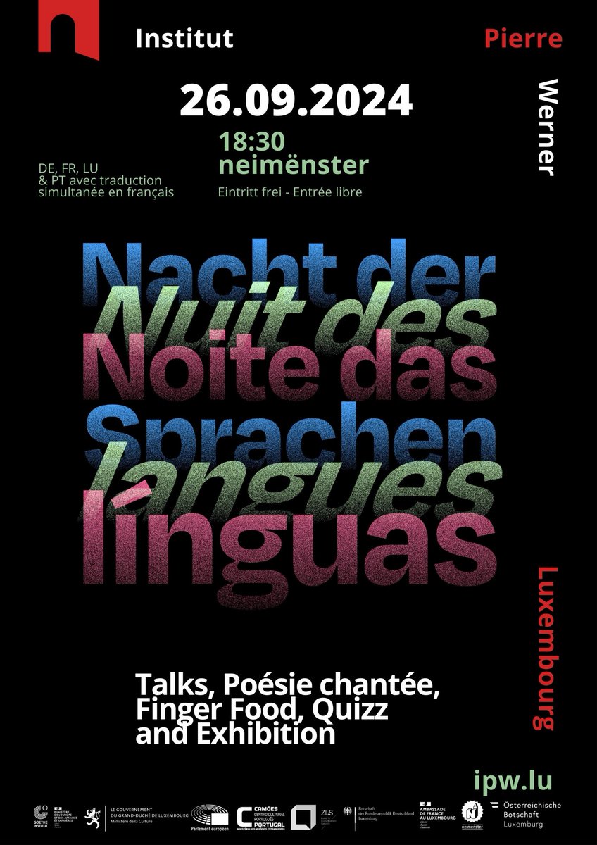 Zenter fir d'Lëtzebuerger Sprooch (@den_zls) on Twitter photo Am Kader vun der Nuit des langues 🗣️💬 vum @IPWlux organiséiere mir dëst Joer e klenge Quiz iwwer d’Lëtzebuerger Sprooch a Kultur. 😊
📅📍 Wéini a wou? En Donneschdeg, de 26. September vun 18:30 un (Quiz: 19:30) <a href="/neimenster/">neimënster</a>.
ℹ️ Detailer: ipw.lu/fr/events/nach… Am Kader vun der Nuit des langues 🗣️💬 vum @IPWlux organiséiere mir dëst Joer e klenge Quiz iwwer d’Lëtzebuerger Sprooch a Kultur. 😊
📅📍 Wéini a wou? En Donneschdeg, de 26. September vun 18:30 un (Quiz: 19:30) <a href="/neimenster/">neimënster</a>.
ℹ️ Detailer: ipw.lu/fr/events/nach…