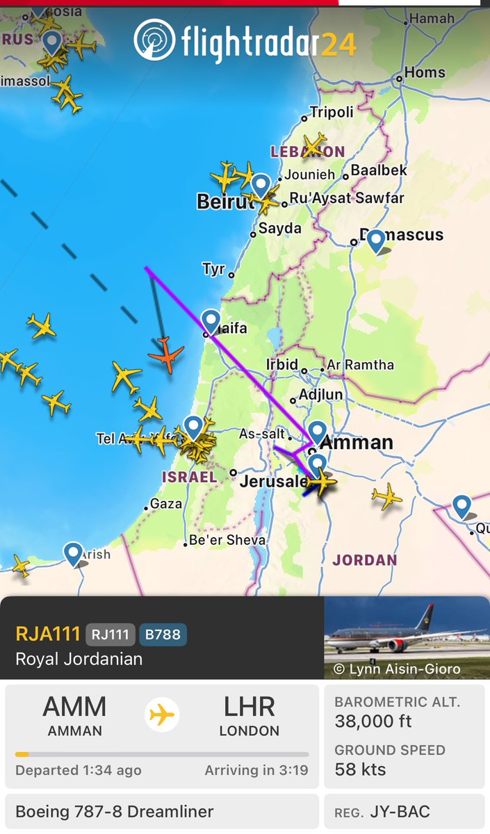 Flight RJA111 destined for London turned around and headed to Israel. Weird. #Israel #Lebanon #Gaza_Genocide‌