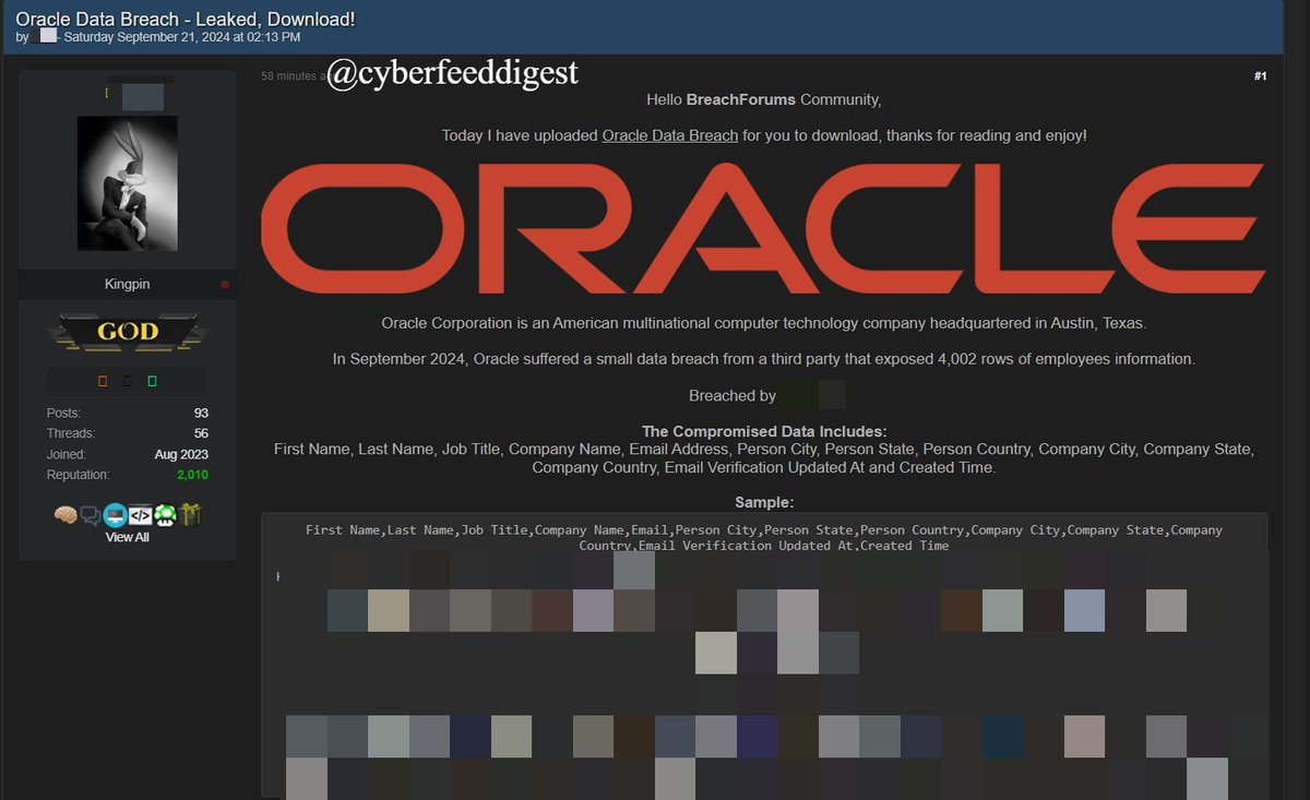 cyberfeeddigest's tweet image. A threat actor on a #Darkweb forum allegedly breached an #Oracle database.

Oracle Corporation, based in Austin, Texas, suffered a small data breach in September 2024 via a third party, exposing 4,002 rows of employee information.

Compromised data includes:
First/Last Name, Job
