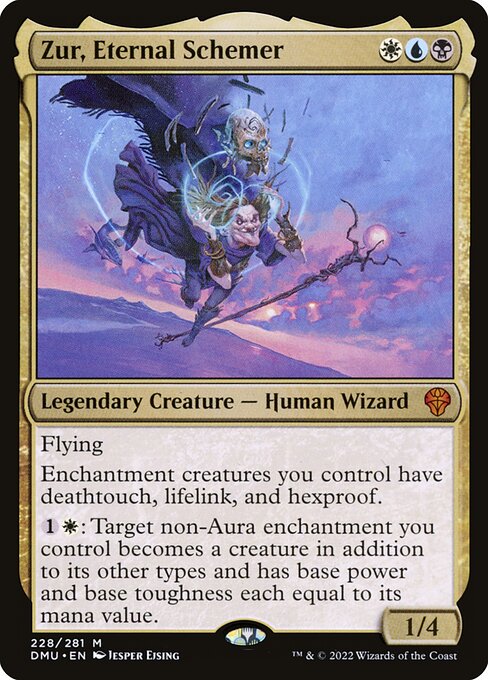 MTGCardFeed's tweet photo. Zur, Eternal Schemer is a 1/4 Legendary Creature — Human Wizard for 3 mana.

Flying
Enchantment creatures you control have deathtouch, lifelink, and hexproof.
{1}{W}: Target non-Aura enchantment you control becomes a creature in addition to its other types and has base power a... https://t.co/dSCz06rT76