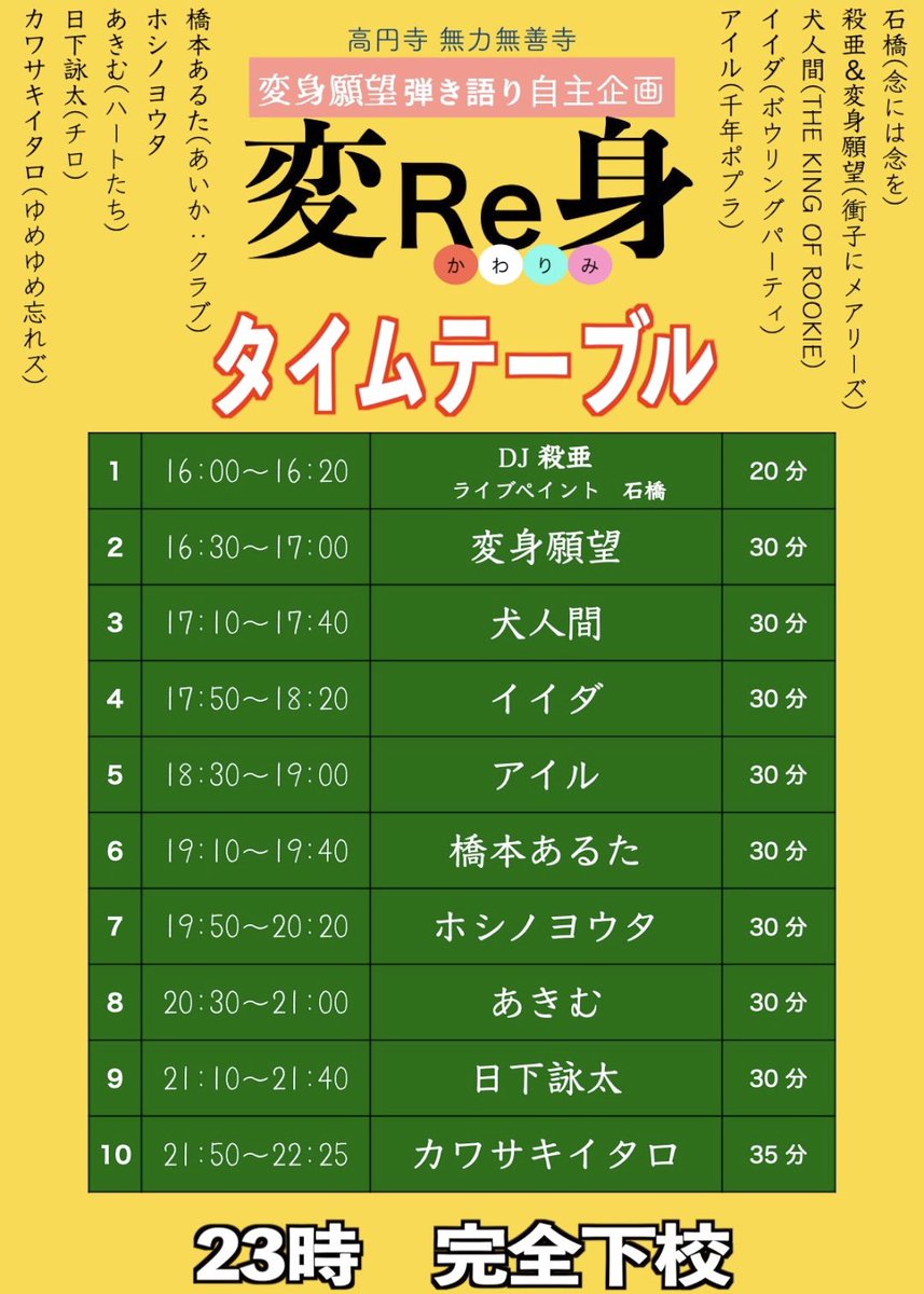 Shoji_Marys's tweet photo. ＿人人人人人人＿
＞　１週間後　＜
￣Y^Y^Y^Y^Y￣

変身願望弾き語り企画
「変Re身」
@高円寺 無力無善寺
開場 開演　16時

殺亜、DJします
変身願望、受付と弾き語りします

出演者多数、タイムテーブル
フライヤー参照！

割引🈶証明書等不要
再入場何度でも🆗ドリンク代等不要 https://t.co/wqQVyMlDiQ