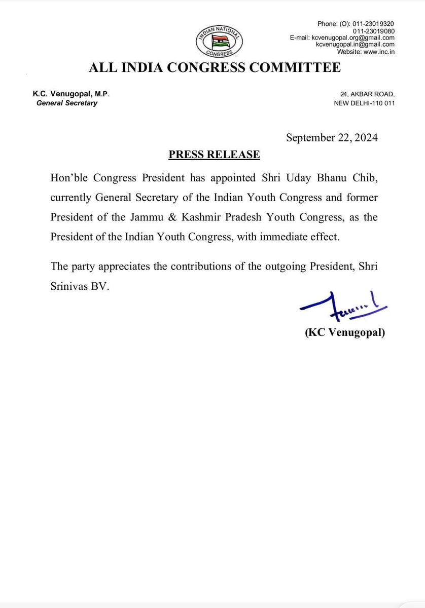 Ambikapur Congress (@ambikapurblock) on Twitter photo Hearty congratulations to Uday Bhanu Chib @Uday_Bhanu9 on his appointment as the new president of Indian Youth Congress <a href="/IYC/">Indian Youth Congress</a>)!
A huge thank you to the outgoing president <a href="/srinivasiyc/">Srinivas BV</a> for his exceptional leadership and successful tenure. Hearty congratulations to Uday Bhanu Chib @Uday_Bhanu9 on his appointment as the new president of Indian Youth Congress <a href="/IYC/">Indian Youth Congress</a>)!
A huge thank you to the outgoing president <a href="/srinivasiyc/">Srinivas BV</a> for his exceptional leadership and successful tenure.
