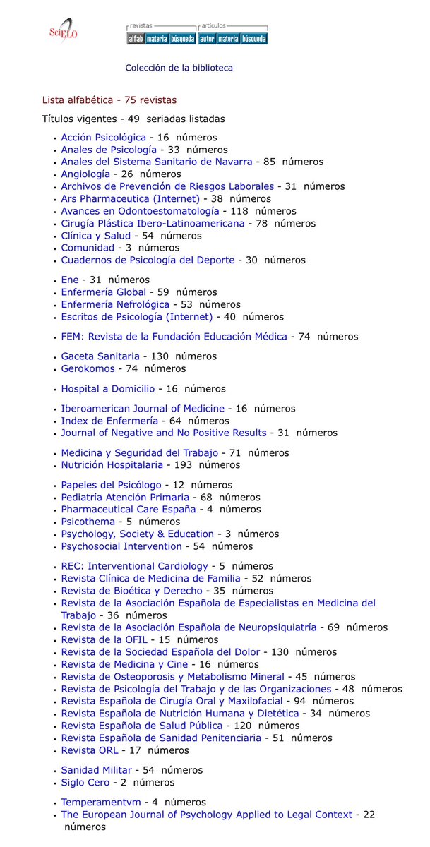 scielospain's tweet photo. SciELO es biblioteca virtual de revistas españolas de ciencias de la salud de #accesoabierto
Por Orden Alfabético
49 revistas seriadas
Por Materias
CIENCIAS DE LA SALUD
CIENCIAS SOCIALES APLICADAS
🔗 https://t.co/1TCEFeBJ5J
@BNCSisciii #SGITCMR #ISCIII https://t.co/Nl85oNPCTt
