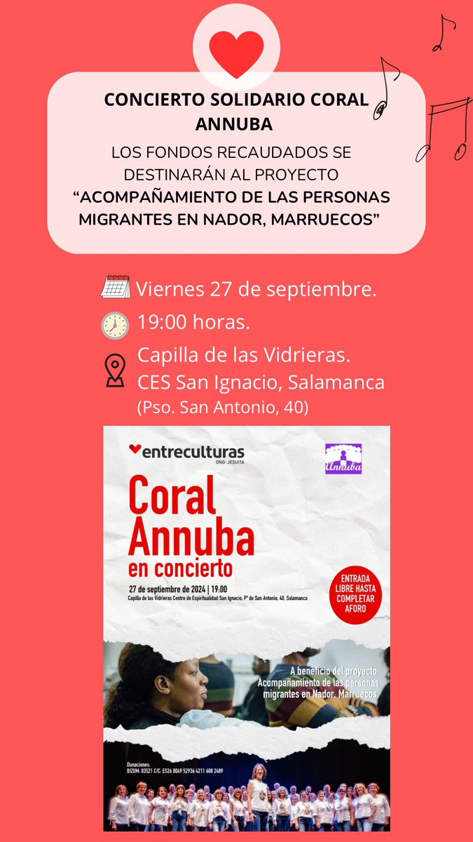 ¡Entrada libre hasta completar aforo!

Los fondos recaudados se destinarán al proyecto *'' Acompañamiento de las personas migrantes en Nador, Marruecos''* 

Dona entrando en:
bit.ly/DONAPROYECTOMA…
 o a través del Bizum 03521