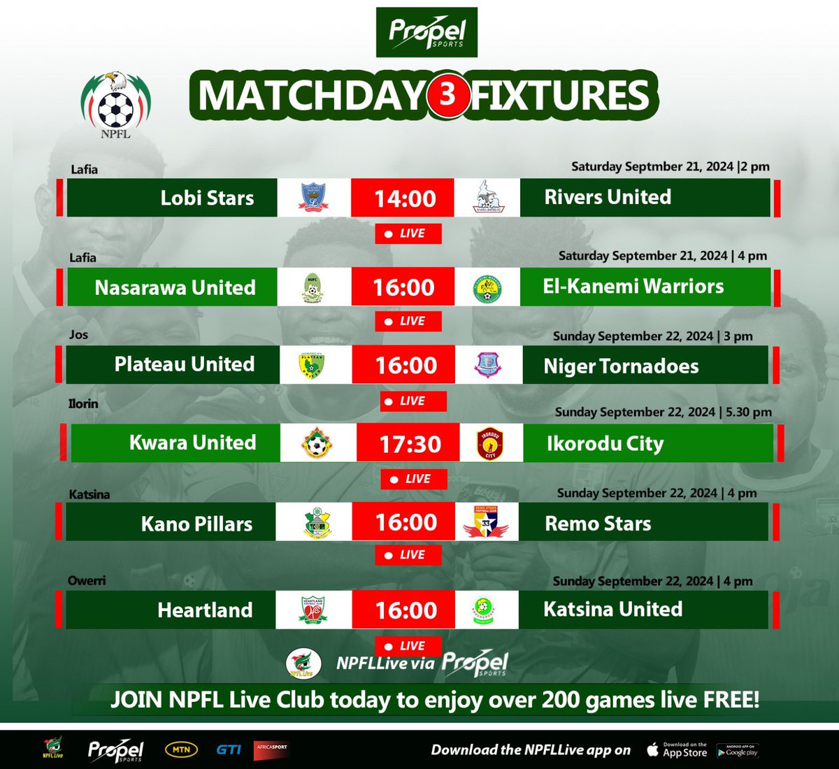 Four games today on NPFL Live! Bringing you all the excitement from Jos, Ilorin, Katsina and Owerri.

Pay 500 naira monthly for 3 months and enjoy access to games for the entire season via propelsports.watch.pixellot.tv. In diaspora? Click africasport.net/npfl/home/ to subscribe and watch