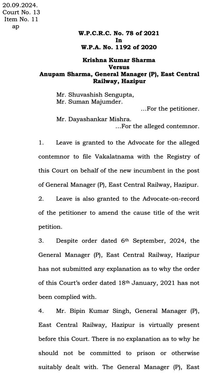 Railwhispers's tweet image. #Unprecedented!
Shame on @ECRlyHJP, in a #contempt case, for mishandling a 4 year old #grievance
#PCPO/ECR suspended by Calcutta HC on 20 Sept after Hon'ble HC runs out of patience.
Speaks extremely poorly about top leadership of #IndianRailways..
@AshwiniVaishnaw @RailMinIndia