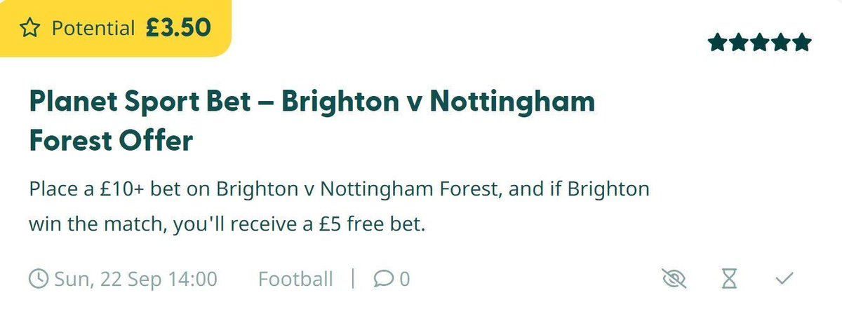 MatchedBets's tweet image. Make £3.50 potential profit with this Planet Sport Bet offer on Brighton v Nottingham Forest today! #BHAFOR

SEE HOW: matchedbettingblog.com/football/plane…