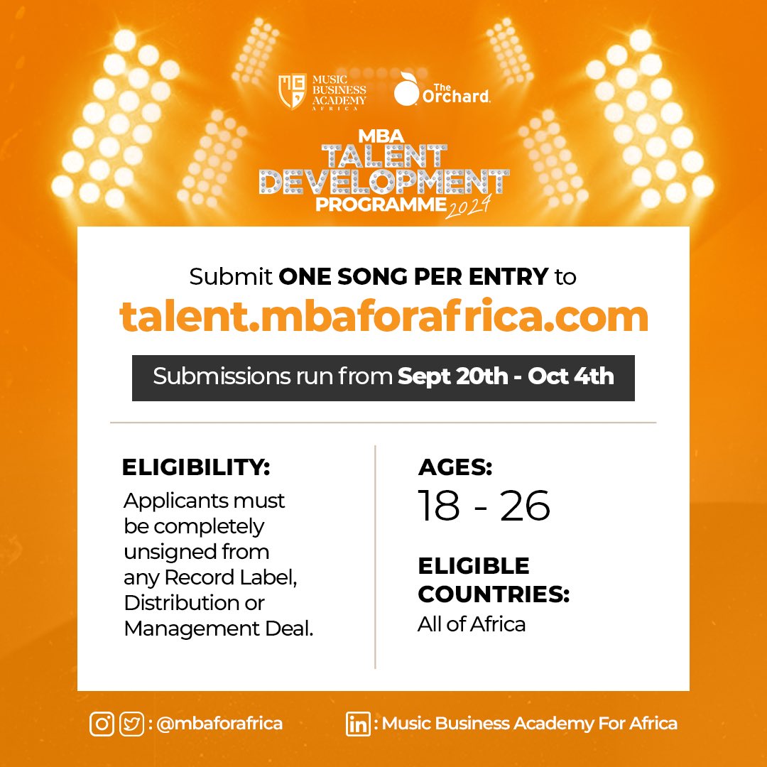 pokyesjan's tweet photo. The MBA for Africa Talent Development programme is open once again to artists from across Africa.
Are you an unsigned & talented artist within the ages of 18-26?
Click here: https://t.co/paVnW74UrP to apply now!
#MBATalentProject #MBAxTheOrchard #MBAForAfrica24 https://t.co/J0y4HEUG7W