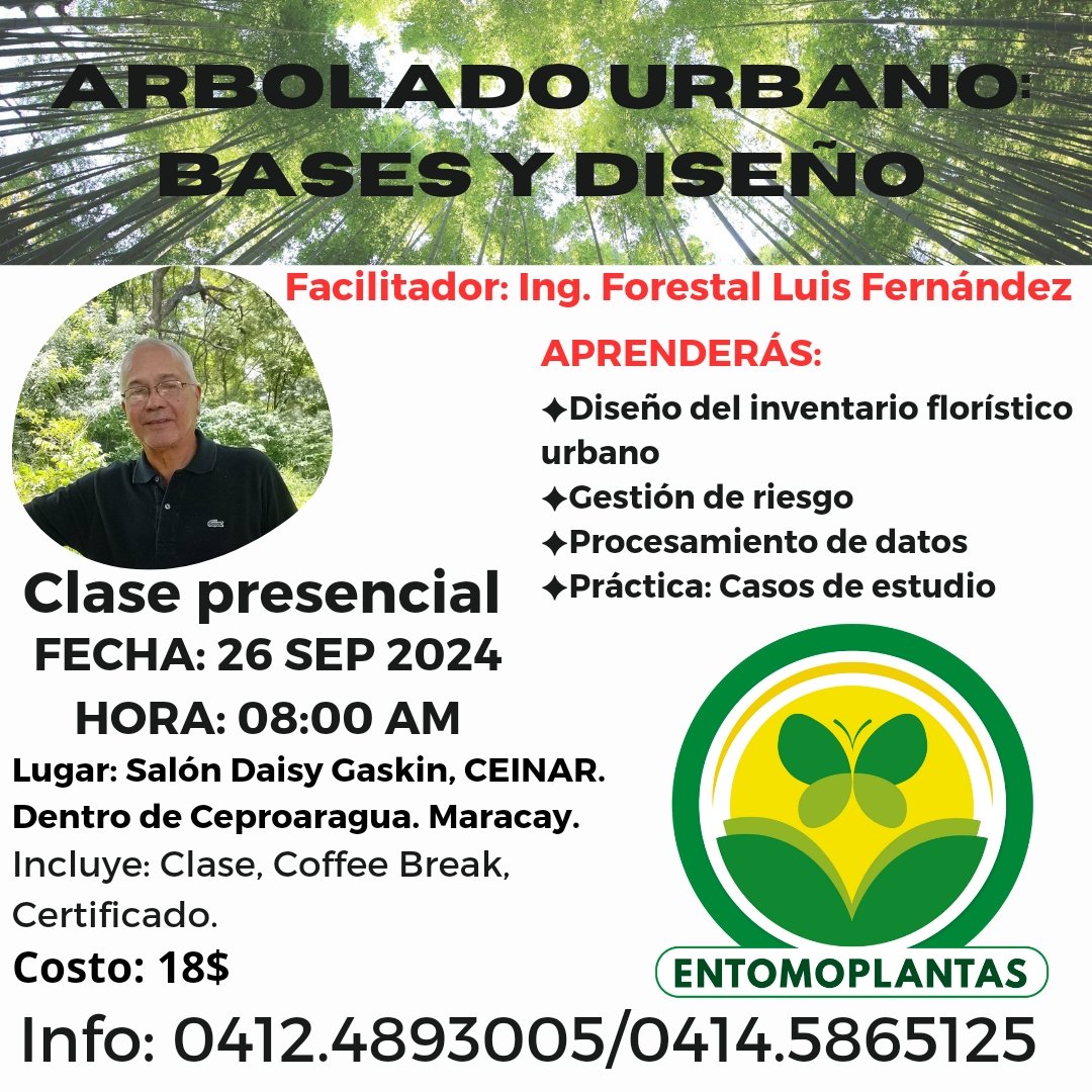 Atención! Quieres saber cómo podar, cuidar y ubicar árboles en zonas urbanizadas?
Esta clase es para ti! 😊 
Estás a tiempo de inscribirte y participar este jueves 26/09 en la Ciudad Jardín #Maracay 
Reserva hoy mismo tu cupo!
#entomoplantas #arboles #ciudad #oxigeno