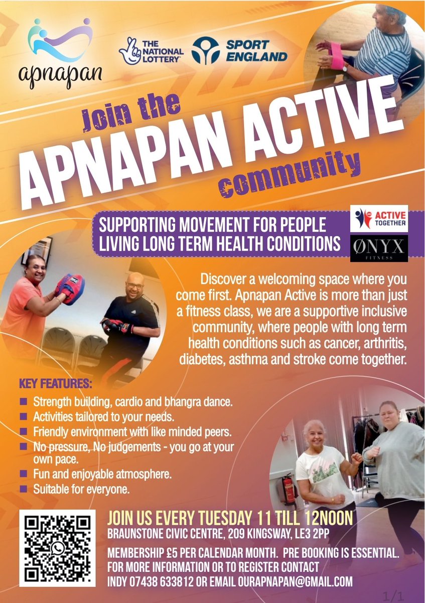 Join the Apnapan Active Community every Tuesday 11 till 12 at Braunstone Civic Centre.  
Fun and friendly session suitable for everyone. 

Run by a qualified personal trainer Jas. 
For further information contact Indy on 07438 633812 or email ourapnapan@gmail.com