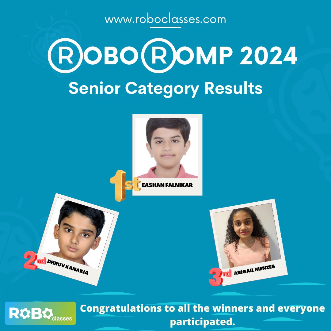 ClassesRobo's tweet image. Announcing winner of ROBO ROMP 2024(Senior Category)
Congratulations to all the winners and thanks everyone for participating.
#roboromp #roboclasses #roboticscompetition